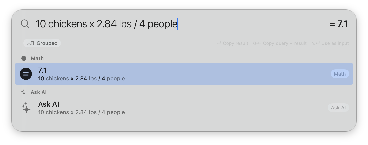 10 chickens x 2.84 lbs / 4 people = 7.1, with labels struck through