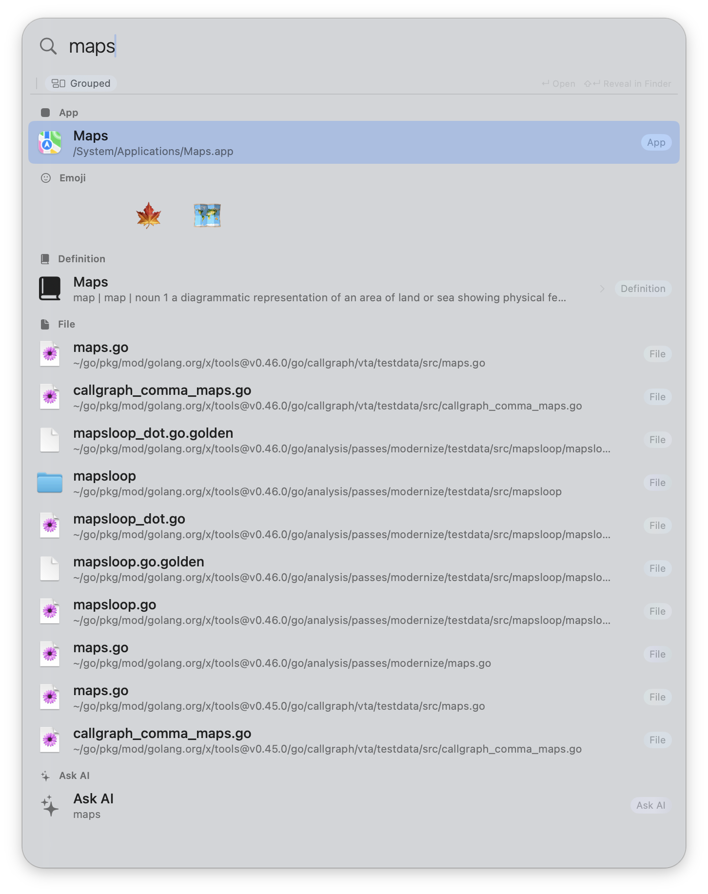 Search 'maps' — grouped App / Emoji / Definition / File results