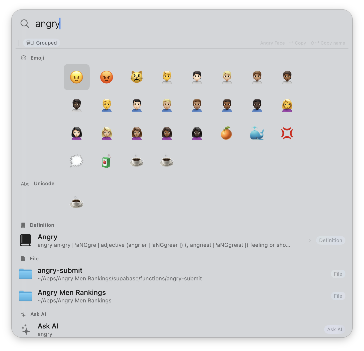 Emoji grid for the search 'angry'