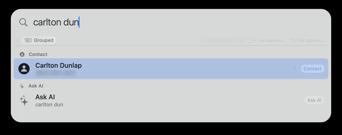 Contact search result with Call/Message/FaceTime shortcuts